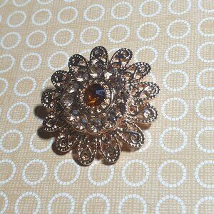 Vintage Gold Tone Floral Brooch Champaign Rhinestone Orange Centerpiece Mom Gift